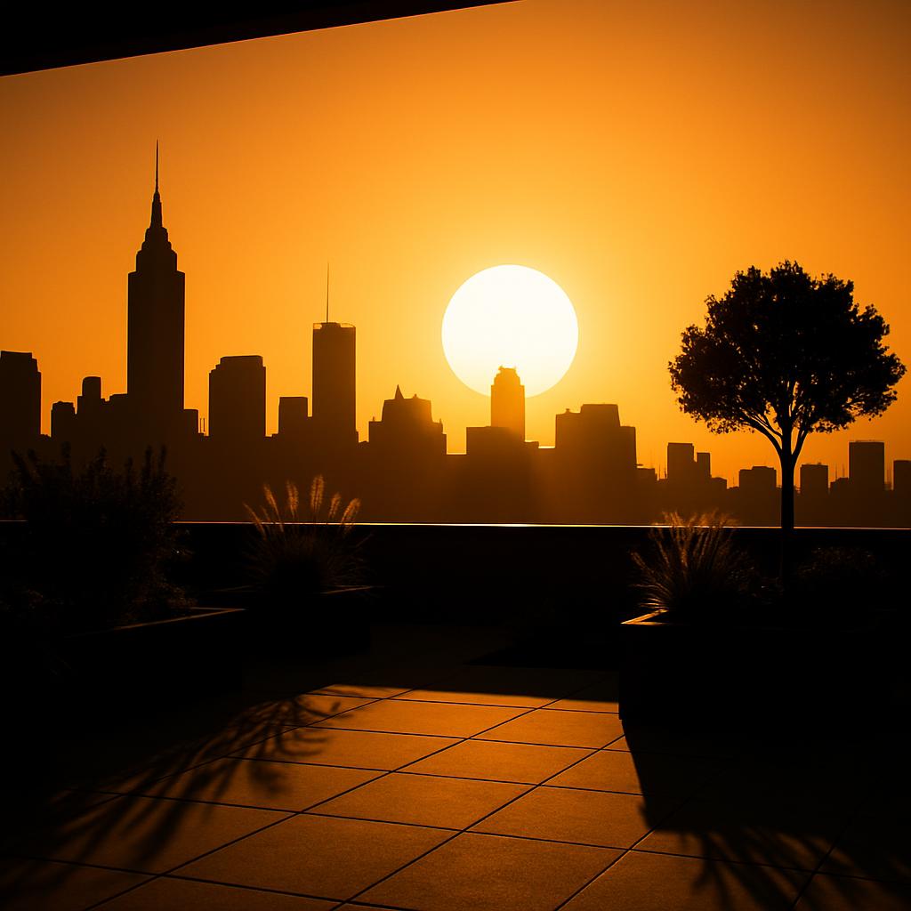 A serene cityscape at sunset with a bright sun, a prominent building, a tree, and a rooftop patio.